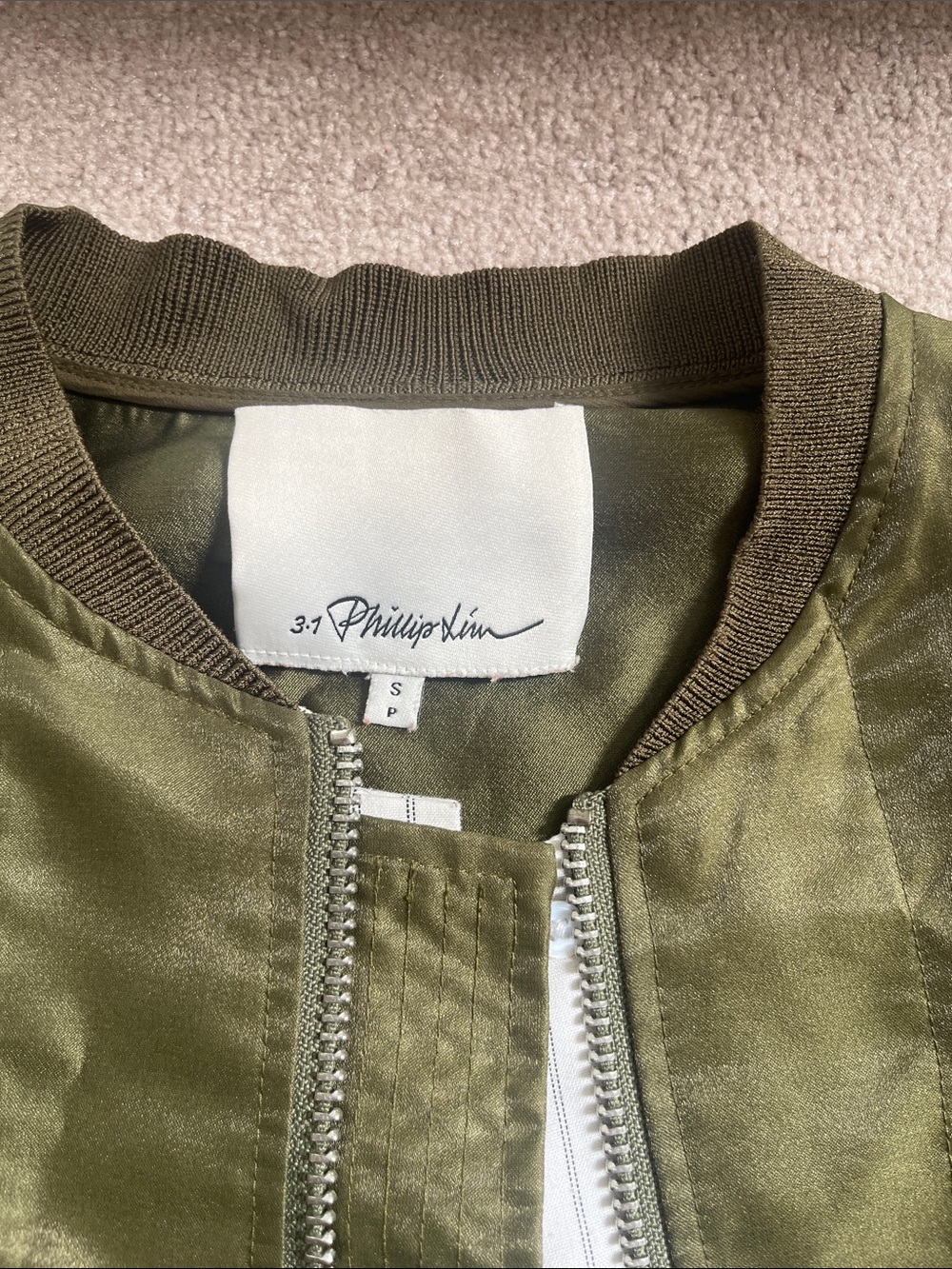 3.1 Phillip Lim Olive Satin Bomber Jacket+striped shirt lining - Picture 3 of 12